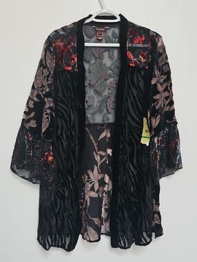 Multiples Burnout Velvet Jacket Womens Sz L Black Flared Kimono Floral NWT